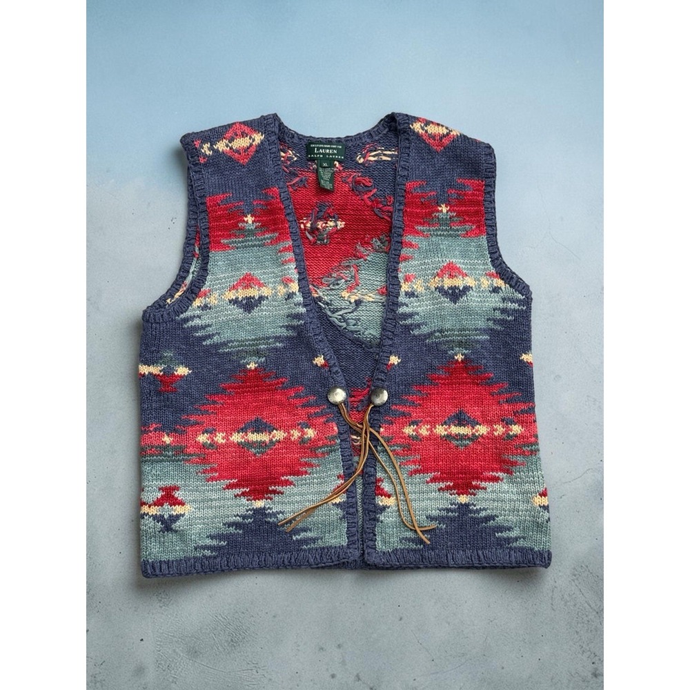Lauren Ralph Lauren Hand Knit Southwestern Sweater Vest XL Linen Cotton